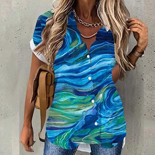 Темно Кралско Сино Женско Сликарство Цветна Апстрактна Блуза Врат На Желка Спандекс Блузи Со Кратки Ракави Секојдневен Проток На Пеплум Кардиган