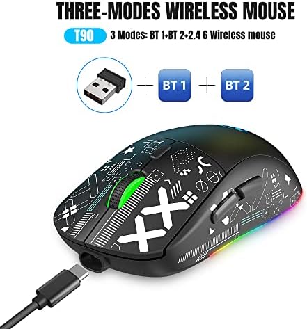 HXMJ Bluetooth Глушец Мулти-Уред, Полнење Безжични Игри Глувци, 3 Режими, 3600 DPI, RGB Виножито Позадинско Осветлување-Црно Бело