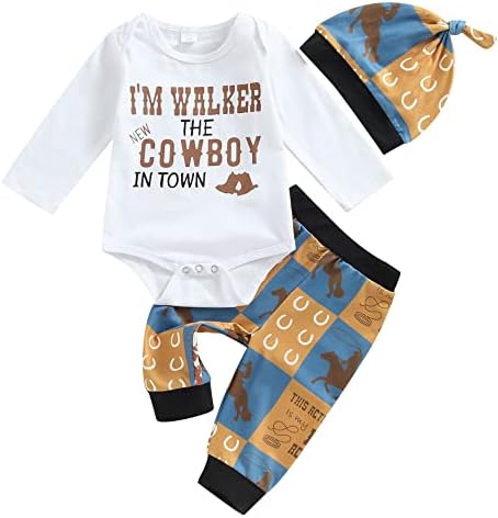 Sayoo Западно новороденче бебе момчиња Каубојски облеки од кравјо печатење буква боди+долги хеланки+капа 3 парчиња облека за