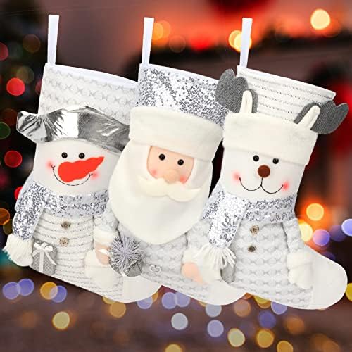 Cultoy Божиќни чорапи 19 Сет од 3 Дедо Мраз Снежаман ирваси 3Д плишани за Божиќ, дома украсена елка, висечки играчки за бонбони