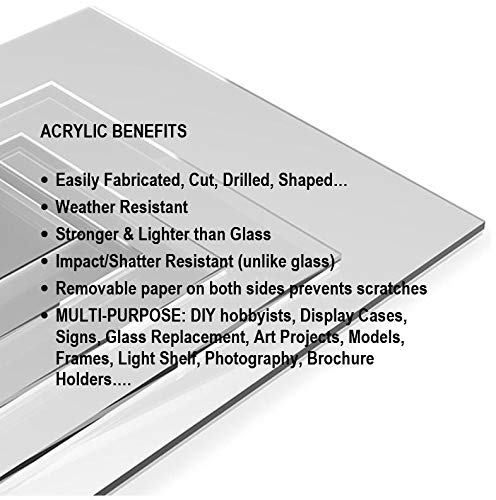 Чисти леани акрилни плексиглас чаршафи 1/4 ”дебели лесни за сечење пластично плекси стакло со заштитна хартија за знаци, проекти за прикажување