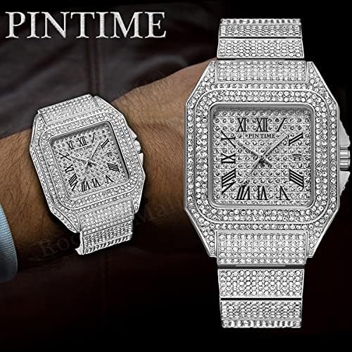 Машки моден кристал часовник луксузен дијамантски нараквица часовник големо лице плоштад целосен блинг ладен часовник за мажи хип -хоп