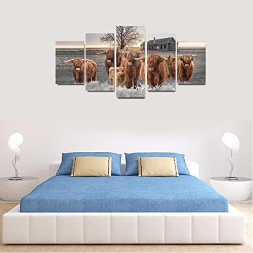 Lmhan Highland кравјо wallидни уметности платно, шкотски крави слики 60x30 инчи wallид декор куќа 5 панел уметнички дела за сликање на животни