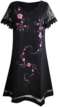 Nokmopo плус големина фустан за жени случајно позиционирање печати V-врат чипка панел со краток ракав фустан женски фустани