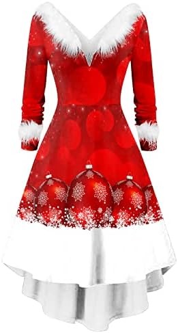 Женски Божиќен фустан крпеница есен фустани за жени со долг ракав против јака Божиќно елегантен асиметричен фустан за забава
