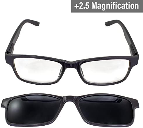 Глобални очила за читање на визија +2.5 Зголемување на сивата рамка w/јасни леќи и совпаѓање на поларизирани нијанси на клип