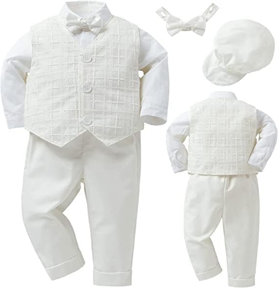 Boolfi момче крштевање крштевање облека со кошула елек панталони капа бела официјална костуми подарок за крштевање на облеката на бебето