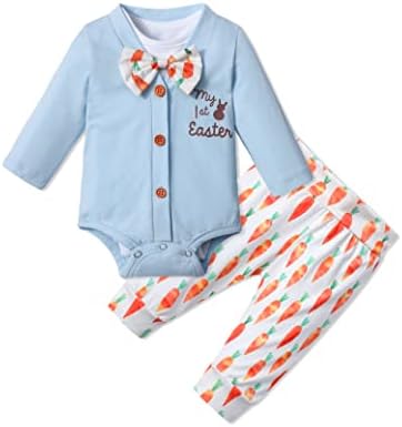 Бебе момче Велигденска облека, писмо печатено ромпер со долг ракав + ромпер на кратки ракави + панталони од морков 3 парчиња