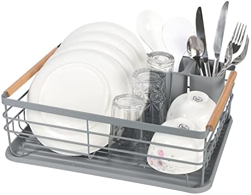 Винсани Делукс сад за сушење на садови за сушење со дрвени рачки за капење на табла и отстранлив држач за прибор за јадење, минималистичка