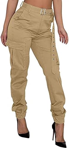Poiude Еластични еластични товарни панталони со високи половини за жени кои се обидоа да се борат со панталони со џогер со џебови со џебови