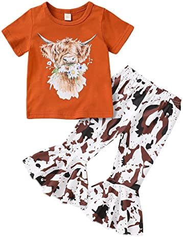 Помладо дрво дете за девојче облека за деца, западна крава маица со кратки ракави, разгорени панталони поставени дното на bellвончето