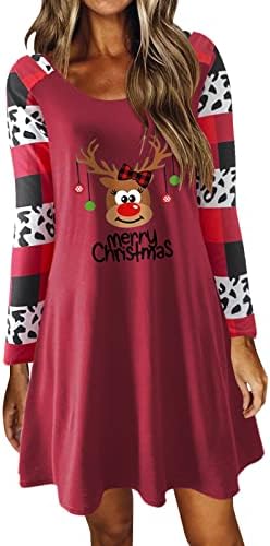 Christmasенски Божиќни фустани Божиќен обичен фустан гроздобер забава се вклопуваат со долг ракав џеб женски фустан
