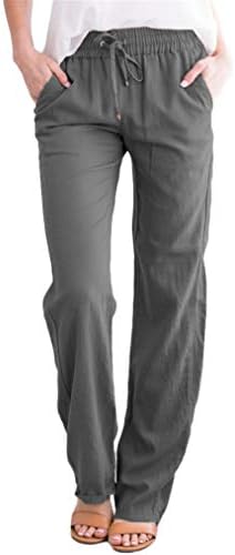 Женски палацо постелнини панталони широки нозе со висока половината, кои се наоѓаат на лежење на долги панталони, удобни еластични панталони