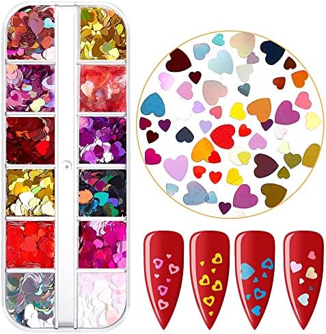48 решетки за Денот на вineубените на Денот на вineубените, сјајни шарени облик на срцев облик на нокти, парчиња loveубовни конфети за