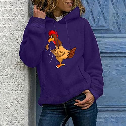2023 Нова маица, женски смешни пилешки графички пуловер дуксери со врвови со долги ракави, лабава пукалова качулка