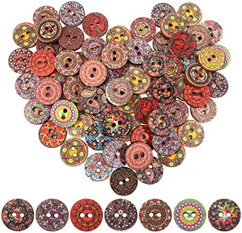 Дрвени копчиња Tuuxi 100 парчиња тркалезни 2 дупки копче 15мм старомоден ретро обоен цвет за шиење занаети DIY случајни обрасци на бои