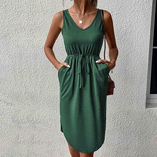 Lmdudan 2023 летен маица фустан за жени мода со цврста боја на резервоарот без ракави, лабава v вратот миди фустан издигнување