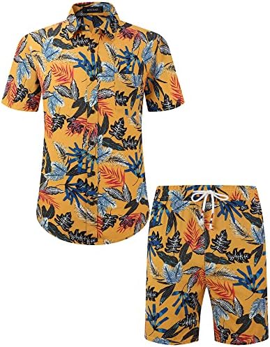 Medicar Men's Casual Conty-Down-Down-own-own кратка ракав Хавајски кошула одговара на плажа цветни 2 парчиња облеки за одмор