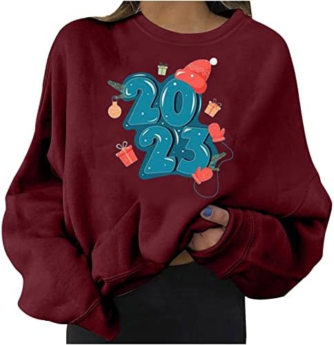 2023 Обични маици за печатење женски модни преголеми екипи за џемпери мода со долг ракав симпатична лабава туника врвна блуза