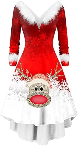 Божиќни фустани за жени 2022 година со долги ракави за забава, случајно облекување Елегантен кариран фустан, грда снежна печатена коктел