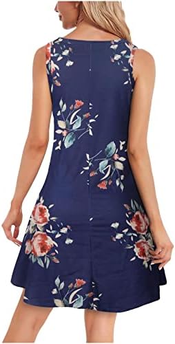 Фустан со кошула за женски летен моден резервоар фустан Ретро цветни здолништа без ракави со ракави за врат, фустан за пулвер