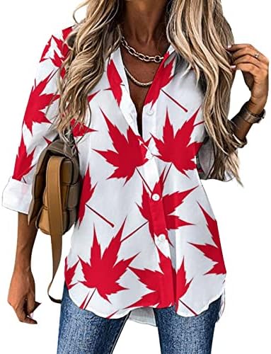 Канада Црвениот Јавор Ја Остава Женската Кошула Со Копче Надолу Обични Блузи Со Долги Ракави Со Долги Ракави