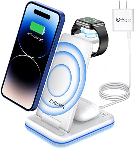 Zubarr Wireless Charger за повеќе уреди 3 во 1 станица за безжично полнење за патување, компатибилен со iPhone14 13 12 11/Pro/XR,