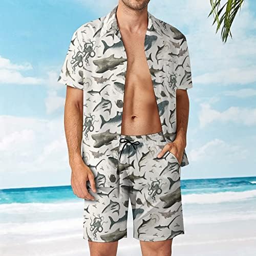 Баикутуан Кит Машки 2 парчиња хавајски кошула одговара на обично лабаво копче надолу и шорцеви за плажа тимови облеки