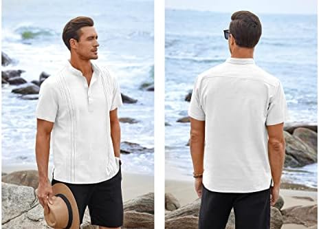 Машка памучна постелнина Хенли кошула со кратки ракави текстура кубанска гуајабера обични маици за плажа