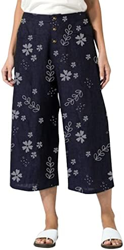 Grge beuu женски памук постелнина капри панталони еластични обични половини исечени панталони копче цветни печати џемпери со џебови