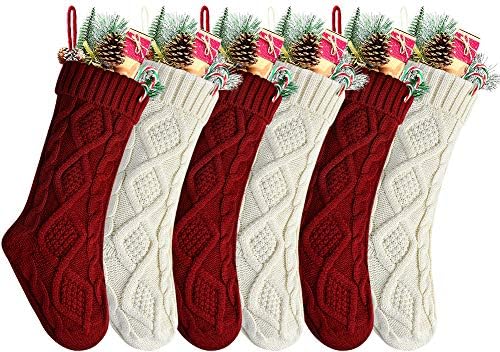 Kunyida Pack 6,18 Единствени бургундски и слонова коска бело плетено божиќни чорапи, стил2