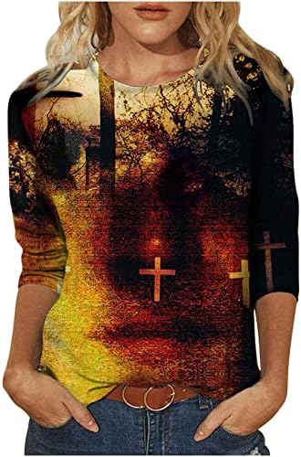 Исус крст кошула со долг ракав за жени екипаж врат гроздобер вратоврски за печатење врвови дами Раглан случајно верување блуза