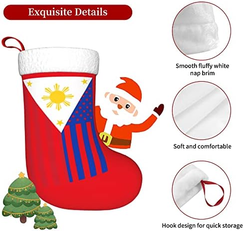 QG ZZX Божиќни чорапи со бела супер мека плишана манжетна Американско филипинско знаме Божиќни чорапи Божиќни украси порибување