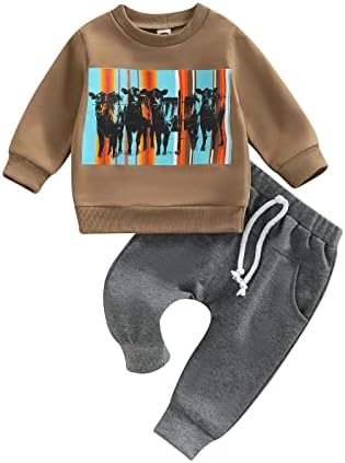 Каипиклос бебе момче облека крава печати долг ракав екипаж џемпер на врвни долги панталони за џогер, паѓаат зима западна каубојска облека