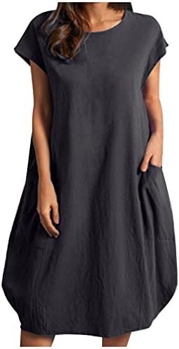 Lmdudan midi фустани за женски летни модни модни цврсти памучни постелнина кратки ракави кафтан фустан лабава џебови резервоар