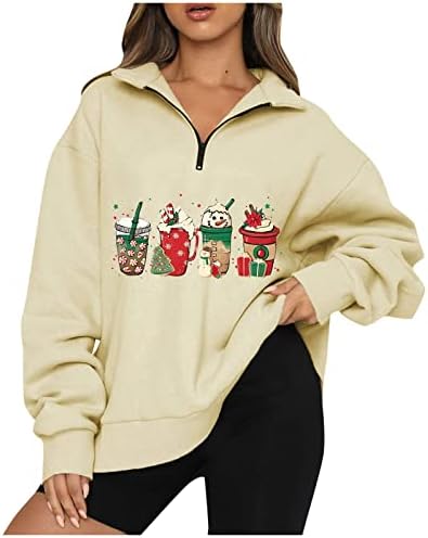 Женска Божиќна маичка половина патент лапел обичен пуловер врвен долг ракав преголем пулвер смешен блуза маица