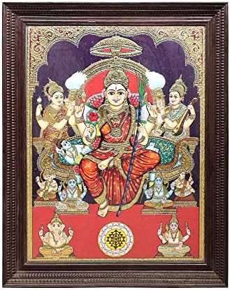 Егзотична Индија 43 x 55 божица Раџарајешвари Танџор Сликање | Традиционални бои со 24к злато | Teakwood Fram