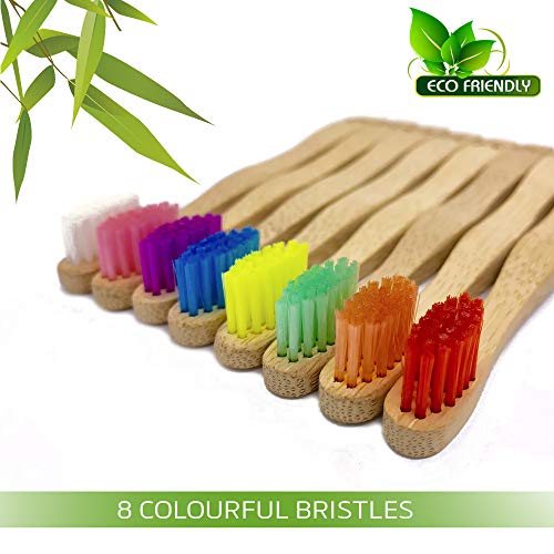 Bamdable Bamboo дрво четка за заби со дизајни на животни | Пакет од 8 | Еко-пријателски | Меки шарени влакна за деца