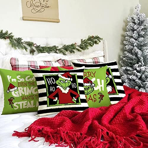 Божиќ Перница Опфаќа 18x18  Среќен Божиќ Гринч Божиќ Перници Гринч Декор Фарма Божиќ Throw Pillow Covers Set of 4 Christmas Decorations for Home