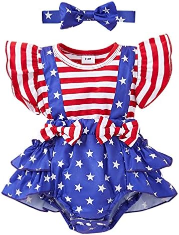 4 -ти јули Облека бебе девојче облека новороденче американска облека Симпатична САД Руфл Ромпер Ском комбинација летни облеки