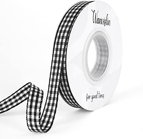 Wanvislin црно и бело гингамска лента 3/8 инчи x 50 јарди, црна карирана лента, црна лента за завиткување на подароци, лакови за коса,