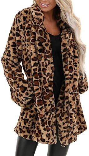 Женски леопард палто faux fuzzy отворено предни кардигани топли зимски преголеми јакна од надворешна облека со џебови со џебови