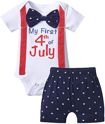 4-ти јули бебе момче облека облекува Ден на независност бебе момче облека за лак, маица за вратоврска+шорцеви 2 парчиња поставете го
