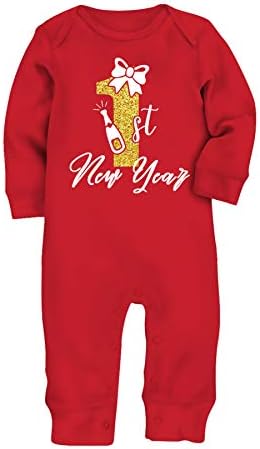 Amberetech Мојата прва новогодишна облека за деца, бебе, скокање со едно парчиња, џемпери, новороденче црвен ромпер каросерија