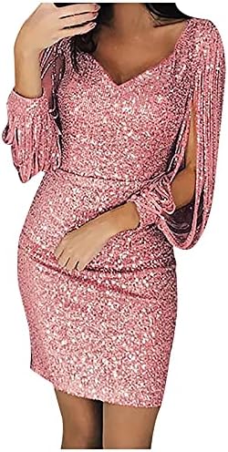 Basysinенски женски секси длабок v врат секвенк сјај на телекомуникациски ракави коктел мини забава фустан