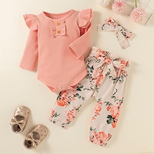 Доенчиња за бебиња за бебиња Руфли Руфли Ромпер врвови цветни панталони со облека за облека за деца, облечени облеки за облека, поставено