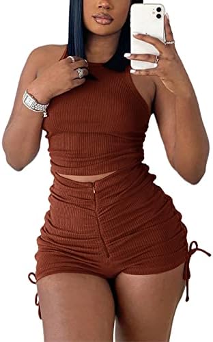 Sriswel женски летни 2 парчиња облека со ребрести резервоари со ребрести култури врвни влечење на тренинзи за тренинзи со шорцеви