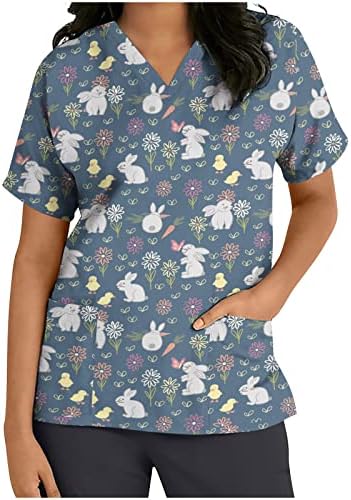 Scrubs_tops за жени 2023 Велигденски ден со кратки ракави униформа лабава кариера кошули Работна облека Смешни маички со маици