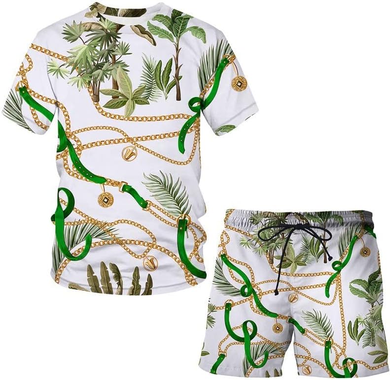 Облека за ремхаи за мажи 2 парчиња сетови, моден летен моден златен ланец 3Д дигитално печатење печатење на лековити стилски сет