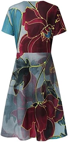 Фустани за кратки ракави на Nokmopo за жени 2023 летен летен моден цветен принт краток ракав за вртење со врат V-вратот
